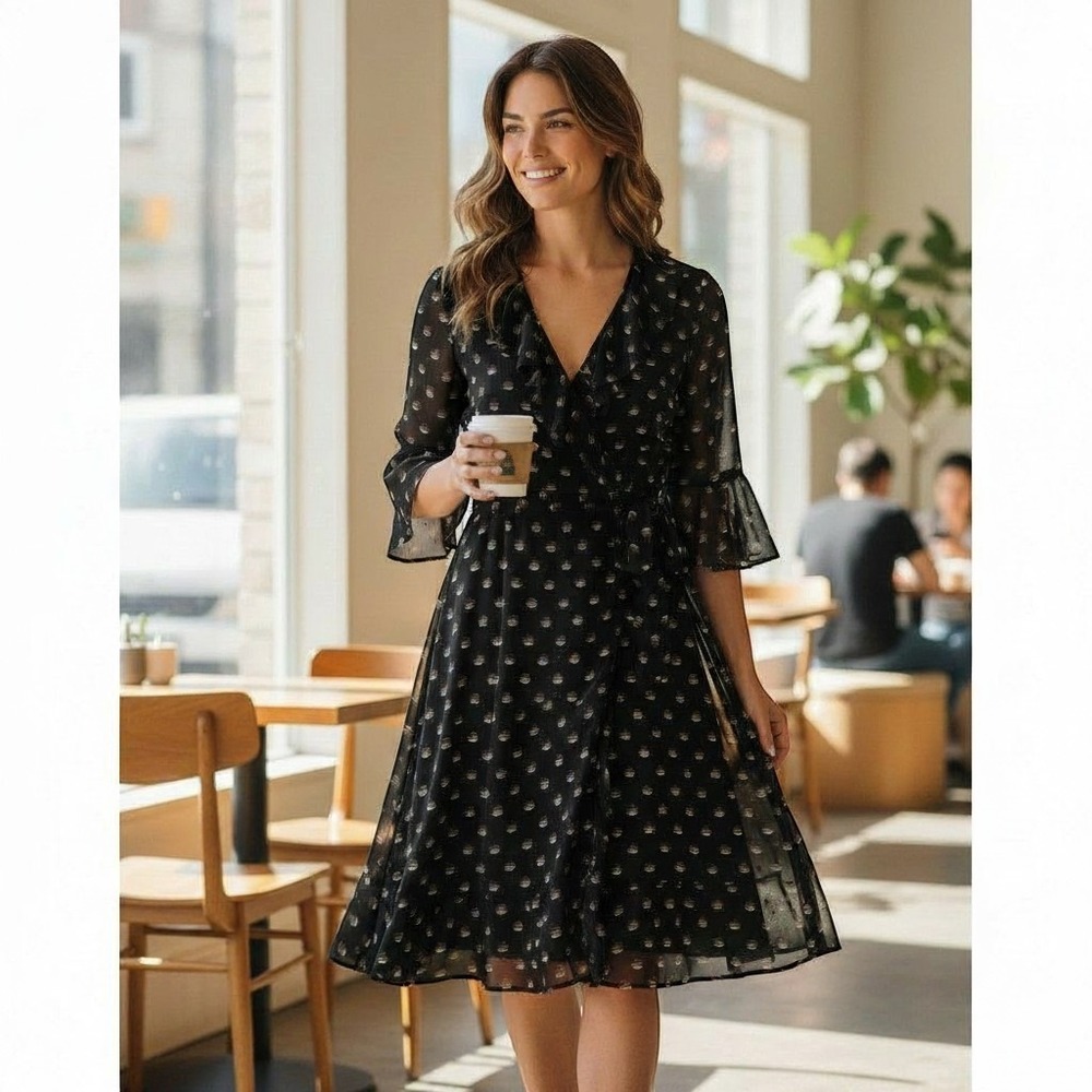 Ann‎ Taylor Loft Size 4 w/ Tie & Ruffled Details 3/4 Sleeves Professional Dress
